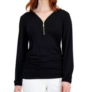JM Collection Black Zip Tunic Top XL – Ruched Sides, Stretch Knit, Quiet Luxury